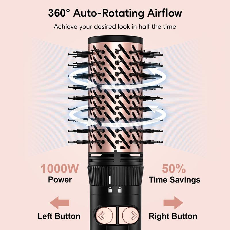 Terviiix 4-In-1 Hot Air Rotating Blow Dryer Brush Kit – 1000W with Rotatable round Brushes (2 Sizes), Oval Volumizer, and Diffuser – Ideal for Curly Hair, with Arthritis-Friendly Big Buttons, Black