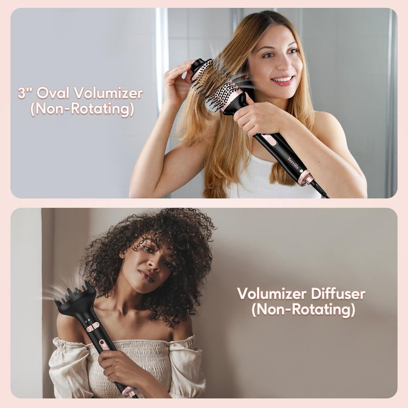 Terviiix 4-In-1 Hot Air Rotating Blow Dryer Brush Kit – 1000W with Rotatable round Brushes (2 Sizes), Oval Volumizer, and Diffuser – Ideal for Curly Hair, with Arthritis-Friendly Big Buttons, Black
