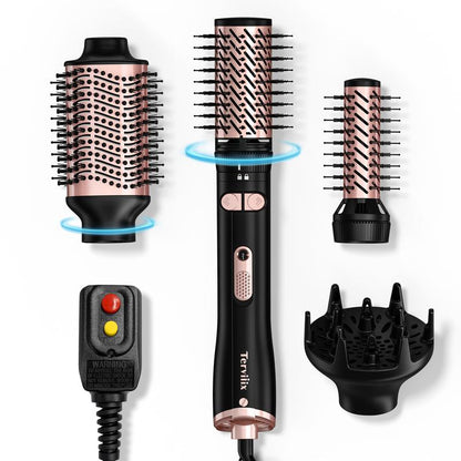 Terviiix 4-In-1 Hot Air Rotating Blow Dryer Brush Kit – 1000W with Rotatable round Brushes (2 Sizes), Oval Volumizer, and Diffuser – Ideal for Curly Hair, with Arthritis-Friendly Big Buttons, Black