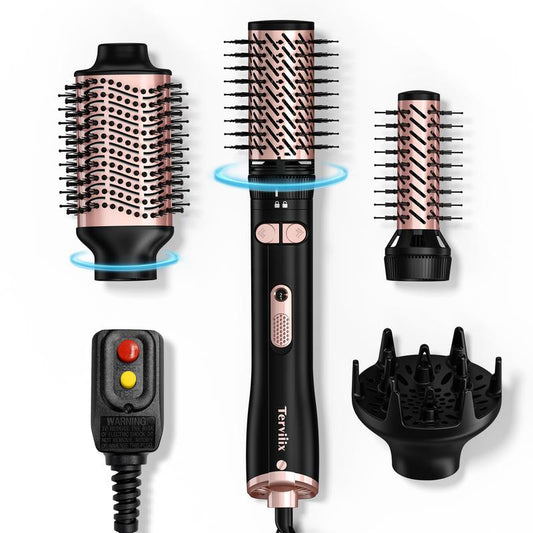 Terviiix 4-In-1 Hot Air Rotating Blow Dryer Brush Kit – 1000W with Rotatable round Brushes (2 Sizes), Oval Volumizer, and Diffuser – Ideal for Curly Hair, with Arthritis-Friendly Big Buttons, Black