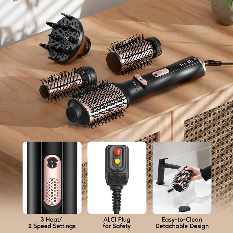 Terviiix 4-In-1 Hot Air Rotating Blow Dryer Brush Kit – 1000W with Rotatable round Brushes (2 Sizes), Oval Volumizer, and Diffuser – Ideal for Curly Hair, with Arthritis-Friendly Big Buttons, Black